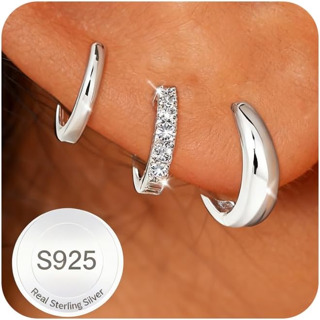 DORANA Valentines Day Gift 3 Pairs 925 Sterling Silver Earrings for Women Girls Non Tarnish Small Hypoallergenic Huggie Hoops Cartilage Stack Earring Sets for Multiple Piercing