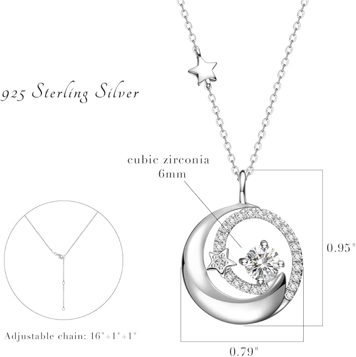 FANCIME Birthstone Necklaces 925 Sterling Silver Moon and Star Pendant Fine Jewelry Birthday Christmas Gifts for Mom Wife Her Daughter, Adjustable Chain 16+2"
