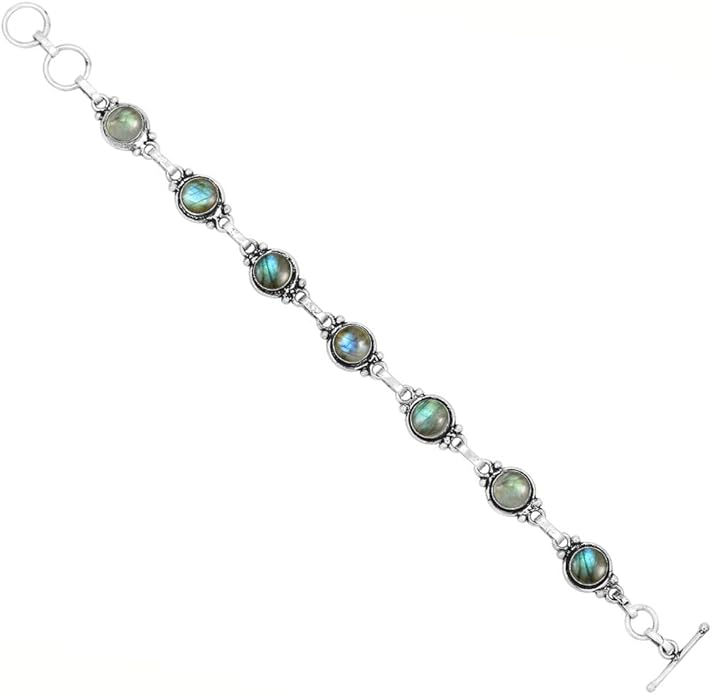 Round Shape Natural & Synthetic Gemstones Silver Plated Bracelets for Women - Vintage Bohemian Style Handmade Birthstone Adjustable Link Bracelet Jewelry Gifts for Wedding Anniversary Mother's Day