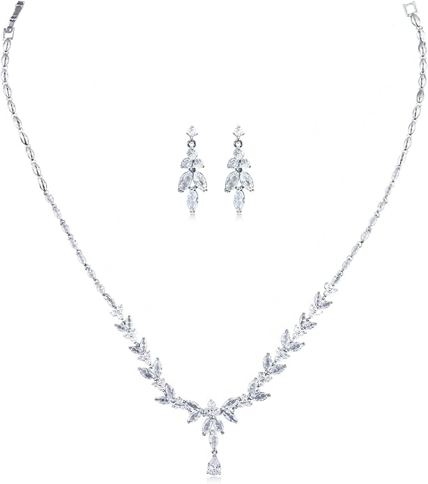Women Jewelry Set Silver Plated Necklace Earrings Set Bridal Wedding Jewelry Bling Cubic Zirconia Choker Crystal party Jewelry Accessories for Women