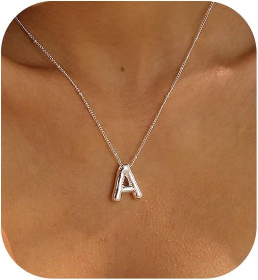 Initial Necklaces for Women, 14k Gold Plated Bubble Letter Necklace Chunky Gold Necklace Dainty Charm Initial Necklaces for Women Trendy Custom Preppy Stocking Stuff Necklace Christmas Gifts