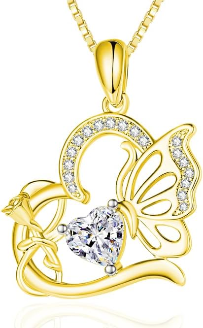 Birthstone Heart butterfly Necklace for Women, Infinity Pendant 14K Gold /18K White Gold Womens Necklaces, Jewelry Anniversary Birthday Christmas Gifts for Her Mom Wife﻿