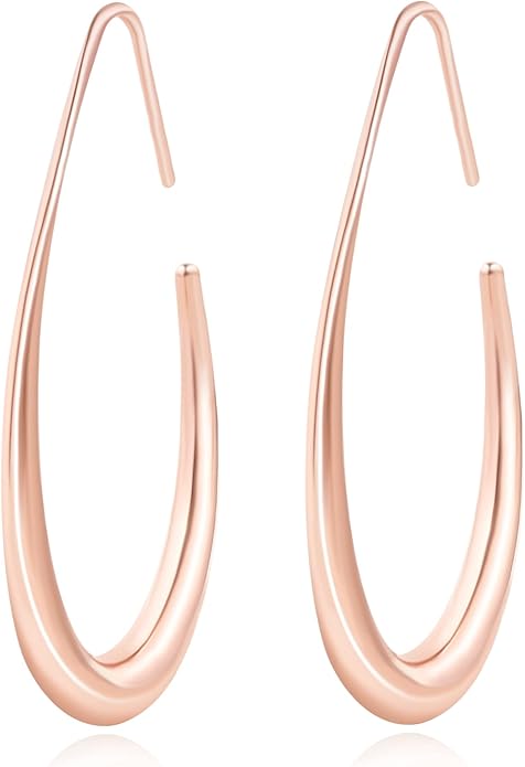 Lightweight Teardrop Hoop Earrings for Women - 14k Gold/White Gold Plated Large Oval Pull Through Hoop Earrings High Polished Statement Jewelry Gift for Women