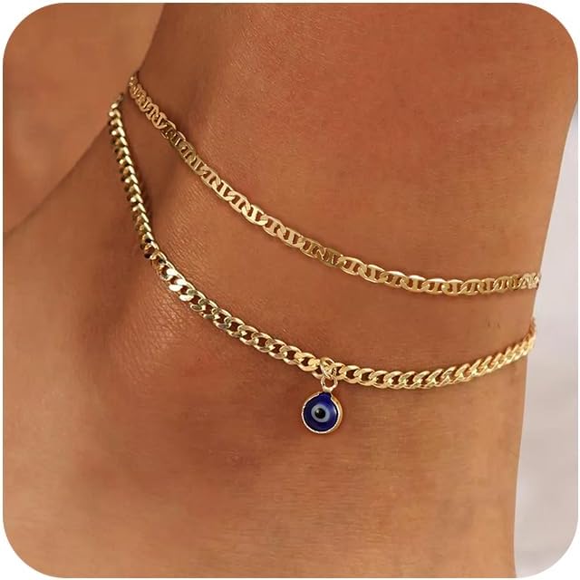Ritach Ankle Bracelets for Women - Silver/Gold Plated Stainless Steel Anklets for Women Waterproof Layered Cuban Link Figaro Chain Heart Anklets Set Summer Beach Jewelry Gifts