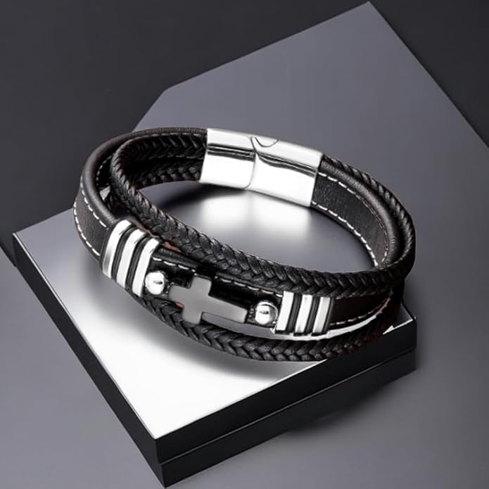 Cross Leather Bracelet For Men Multilayer Braided Memorial Wristband Bangle Stainless Steel Buckle Religious Activities Holiday Gifts