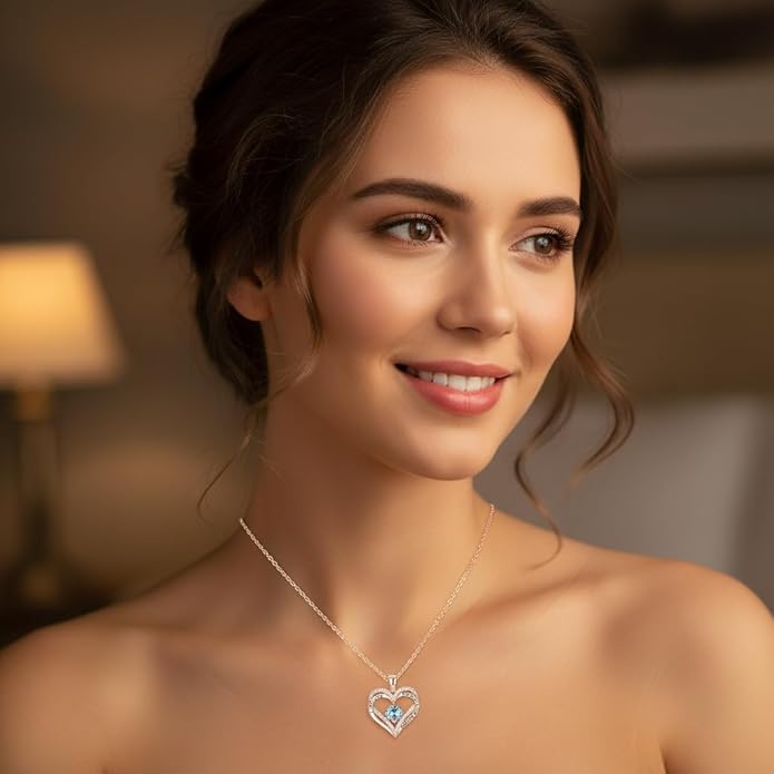 Birthstone Heart Necklace for Women Wife Girlfriend Mom Daughter Gifts S925 Silver Jewelry For Anniversary Rose Gold Gifts For Birthday Christmas Mothers Valentines Day