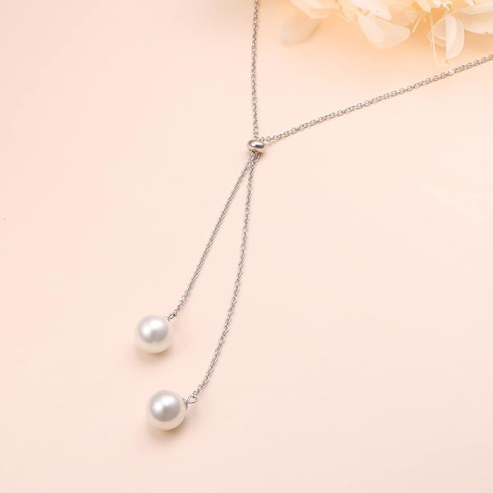 YinShan Long Chain Dainty Necklace Simple Style 925 Sterling Silver Heart Pearl Star Pendant Adjustable Y Shaped Necklace Jewelry for Women