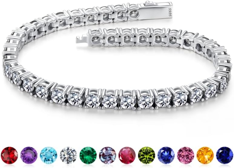 Iefil Christmas Gifts for Women - Size 6.5" - 7" Sterling Silver Tennis Birthstone Bracelet, Anniversary Birthday Gifts for Women