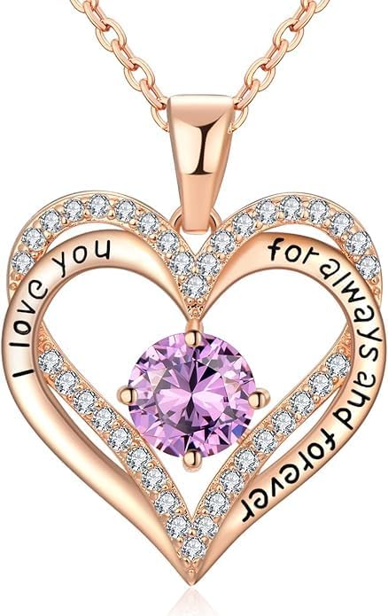 Birthstone Heart Necklace for Women Wife Girlfriend Mom Daughter Gifts S925 Silver Jewelry For Anniversary Rose Gold Gifts For Birthday Christmas Mothers Valentines Day