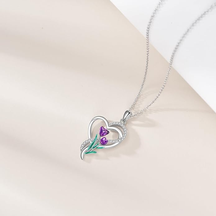 Tulip Sunflower Rose Lily of the Valley Sterling Silver Flower Heart Pendant Necklace Gifts for Women Mother Flower Lover