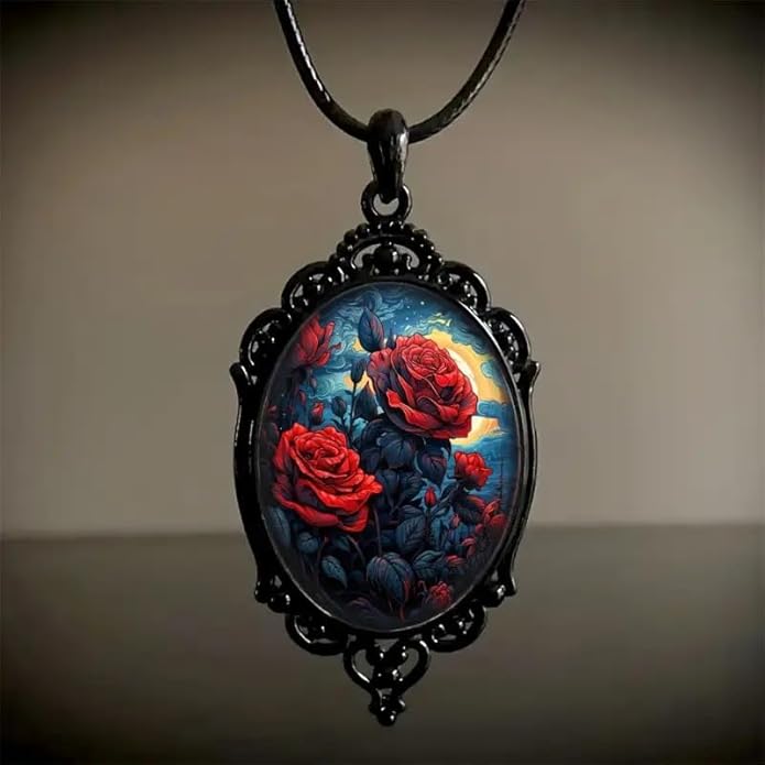 Gothic Rose Glass Necklace for Women Vintage Satan Demon Pendant Halloween Roses Necklaces Dark Punk Style Necklace Victoria Emboss Necklaces Mystic Witch Jewelry Gift Accessories