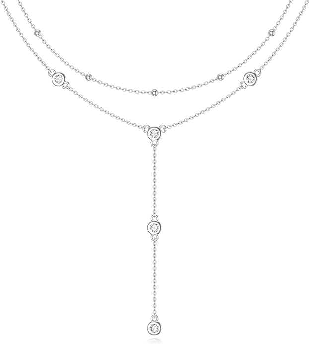 Diamond Station Layered Lariat Necklace for Women 925 Sterling Silver Layering Y-Shaped Chain Necklace with Lab Grown Diamond Jewelry Gifts 0.3 CTTW D Color VVS Clarity, 14 inch + 16 inch Chain