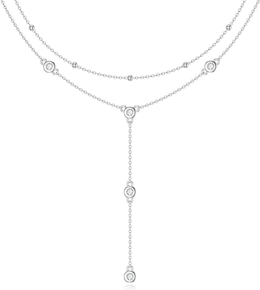 Diamond Station Layered Lariat Necklace for Women 925 Sterling Silver Layering Y-Shaped Chain Necklace with Lab Grown Diamond Jewelry Gifts 0.3 CTTW D Color VVS Clarity, 14 inch + 16 inch Chain