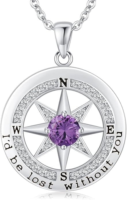 Compass Necklace for Women Wife Girlfriend Mom Daughter Gifts S925 Silver Jewelry For Anniversary Rose Gold Gifts For Birthday Christmas Mothers Valentines Day 12 Birthstones
