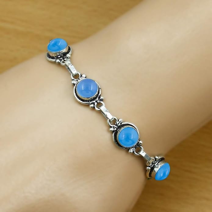 Round Shape Natural & Synthetic Gemstones Silver Plated Bracelets for Women - Vintage Bohemian Style Handmade Birthstone Adjustable Link Bracelet Jewelry Gifts for Wedding Anniversary Mother's Day