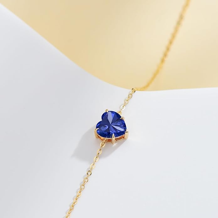 14k Gold Love Heart Gemstone Bracelet for Women,7MM Heart-cut Created Birthstone Anniversary Birthday Mother's Day Bracelets Jewelry for Mom Her 6.5''+2''