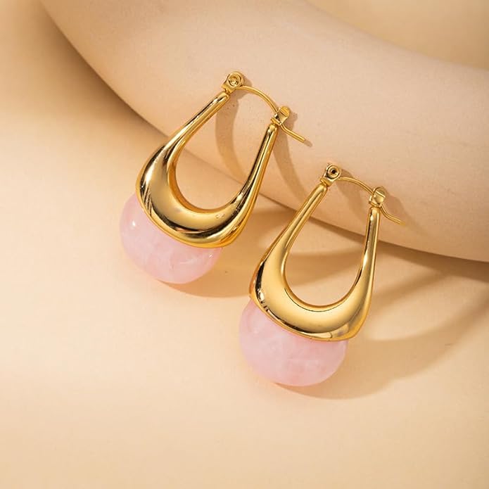Vintage Gold Hoops Earrings for Women,Brown White Blue Pink Chunky Dangle Drop Jewelry with Resin Gemstones, Trendy Statement Earrings for Beach,Party, Vintage Gift for Travel Maximalist Jewelry