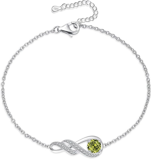 Birthstone Bracelets for Women 925 Sterling Silver Created Gemstone Bracelet Infinity Pendant Jewelry for Her, 6.7"+1.2"