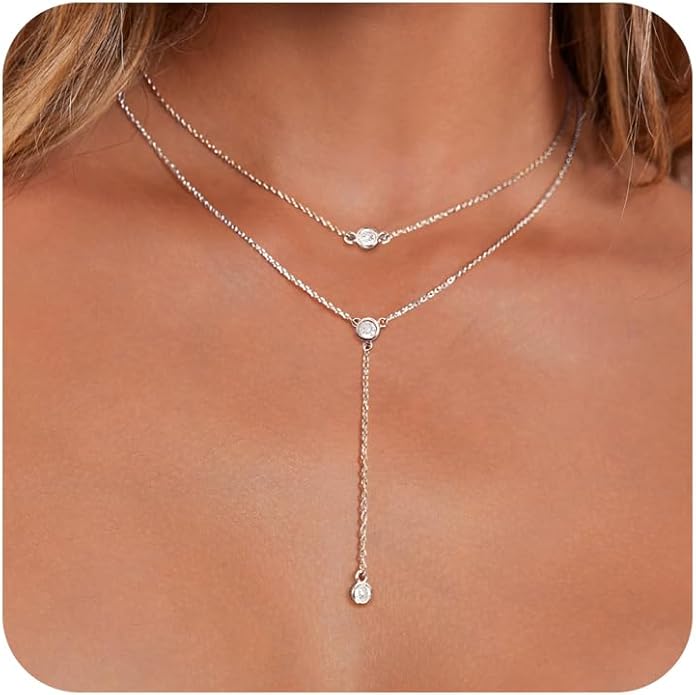 Lariat Gold Necklace for Women Trendy Dainty 14k Gold Plated/Silver Layered Chain Drop Necklaces Y-Shaped Necklace Jewelry for Women Gifts