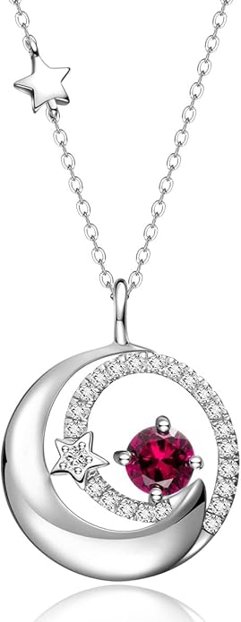 FANCIME Birthstone Necklaces 925 Sterling Silver Moon and Star Pendant Fine Jewelry Birthday Christmas Gifts for Mom Wife Her Daughter, Adjustable Chain 16+2"