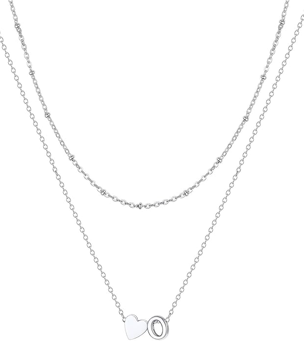 FOCALOOK Layered Initial Necklace for Women, 14K Gold Plated Choker Necklaces Stacks with Initial A-Z, Dainty Silver Heart Pendant Necklace Personalized Birthday Women Jewelry