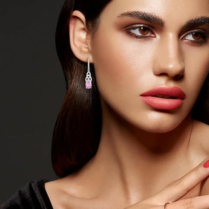 JO WISDOM Celtic Knot Infinity Jewelry Set for Women 925 Sterling Silver Pink Tourmaline Dangle Drop Leverback Earrings October Birthstone Necklace Pendant Gemstone Jewelry