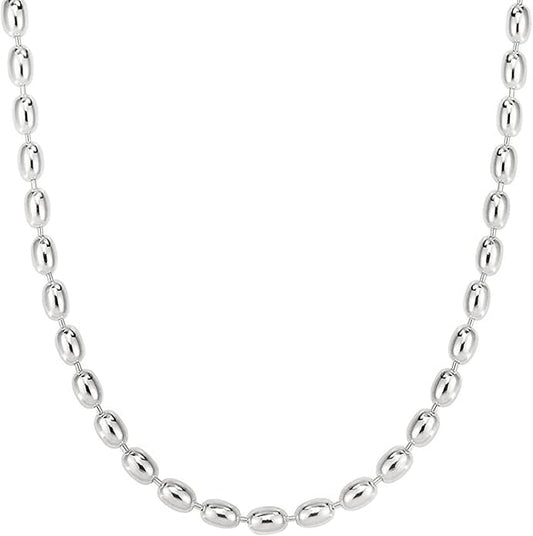 Savlano 925 Sterling Silver Oval Rice Bead Strand Chain Necklace For Women - Made in Italy Comes With a Gift Box