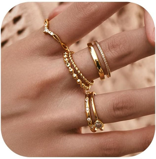 LOFITOR 6PCS Stackable Gold Rings for Women Non Tarnish Trendy Dainty 14K Gold Filled Stacking Cubic Zirconia Thumb Ring Set Pack Statement Chunky Band Rings Promise Engagement Rings Size 6-10