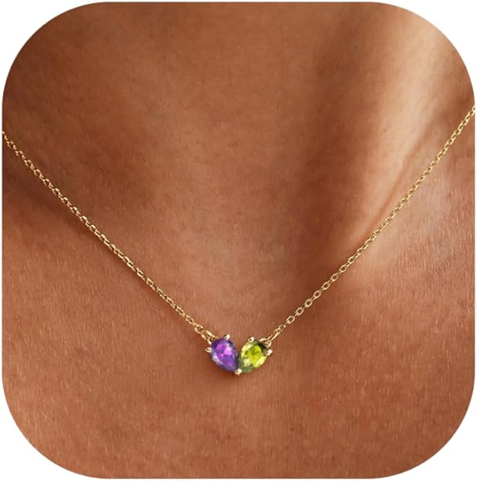 KOHOTA Gold Birthstone Necklace for Women Non Tarnish 14K Gold Plated CZ Heart Pendant Necklaces Dainty 2 Birthstones Emerald Green Charm Necklace for Mother and Daughter Birthday Jewelry Gifts
