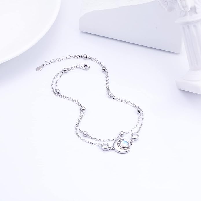 Anklets for Women 925 Sterling Silver Charm Layered Simulated Opal/Moonstone/Daisy/Infinity Summer Beach Ankle Bracelet Foot Chain Jewelry Birthday Valentine's Day Mother's Day Gift