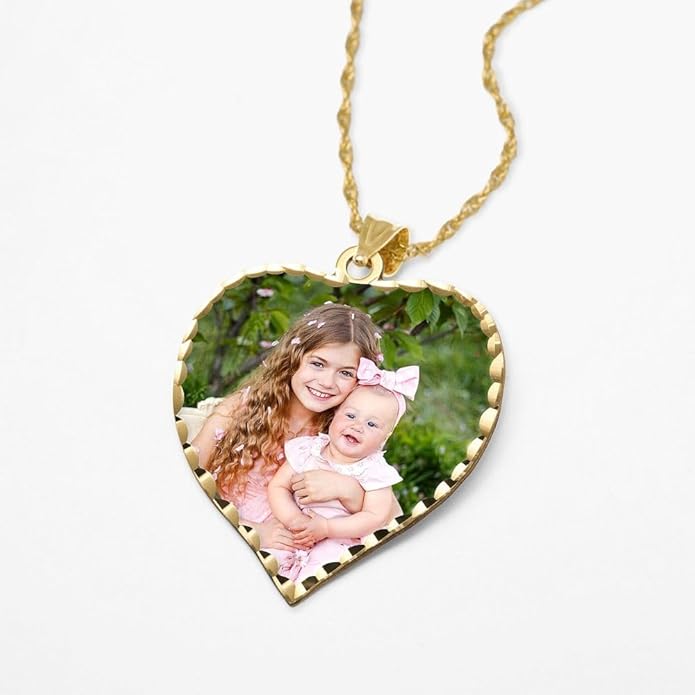 PicturesOnGold.com Personalized Photo Engraved Heart Shaped Picture Necklace with Diamond Cut Edge in Silver, Gold, White Gold or Rose Gold - 1 Inch x 1 Inch