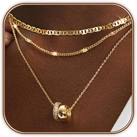 OGD Layered CZ Rondelle Pendant Necklaces for Women, 14K Gold Plated Trendy Mariner Chain Dainty Circle Rondelle Pendant Choker Necklace for Women Two-Toned Cubic Zirconia Gold Necklace