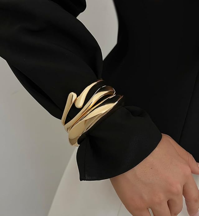 Chunky Gold Bangle Bracelets for Women, Dainty 14k Gold Plated Big Stackable Bangles Set, Trendy Statement Cuff Bracelet Stack Fashion Jewelry Gifts