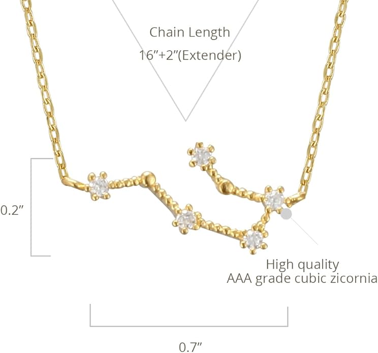 Zodiac 18K Gold Plated CZ Necklace With Message Card, Yellow Gold Color, Anchor Chain, Best Gift Necklace, Size 16 inch + 2 inch Extender, Pendant, Constellation, Gift Card
