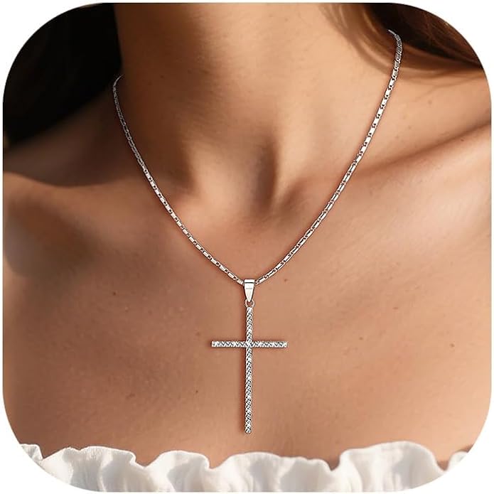 U7 Cross Necklace for Women,Silver/14K Gold Large or Small Cross Necklaces with CZ Diamond,Faith Birthday/Christmas Gift for Her Women Mother Daughter Grandmother