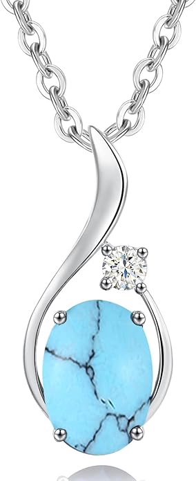 FANCIME 14K Solid White Gold Oval Gemstone Necklace with Diamond Pendant Gifts for Mom Women,16"+2" Inches