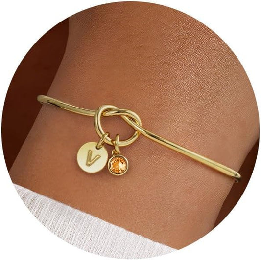 Turandoss Christmas Gifts for Grandkids, Dainty 14K Gold Plated 12 Months Disc Initial Birthstone Heart Knot Bangle Bracelet Birthday Bridesmaid Bracelet Jewelry for Women Girls