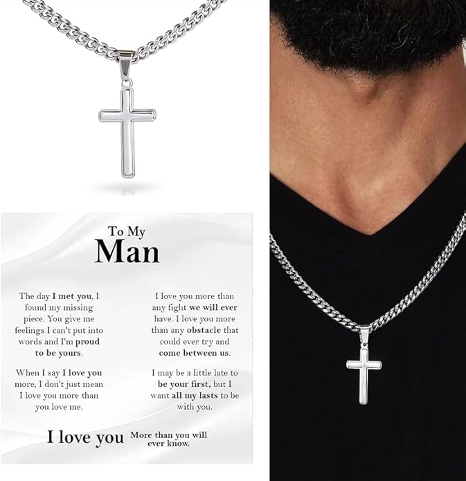 SUTERY Cross Cuban Chain Necklace - Promise Necklace for Him, Necklace for Boyfriend, Mens Necklace for Fiance, Valentine's Day
