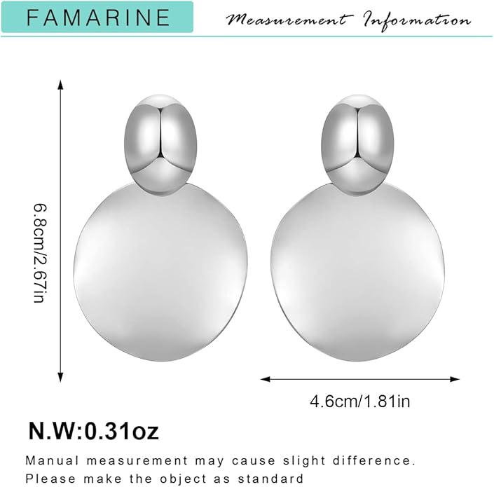 FAMARINE Big Disc Drop Earrings Gold Dangle Earrings Round Hammered Earrings Women