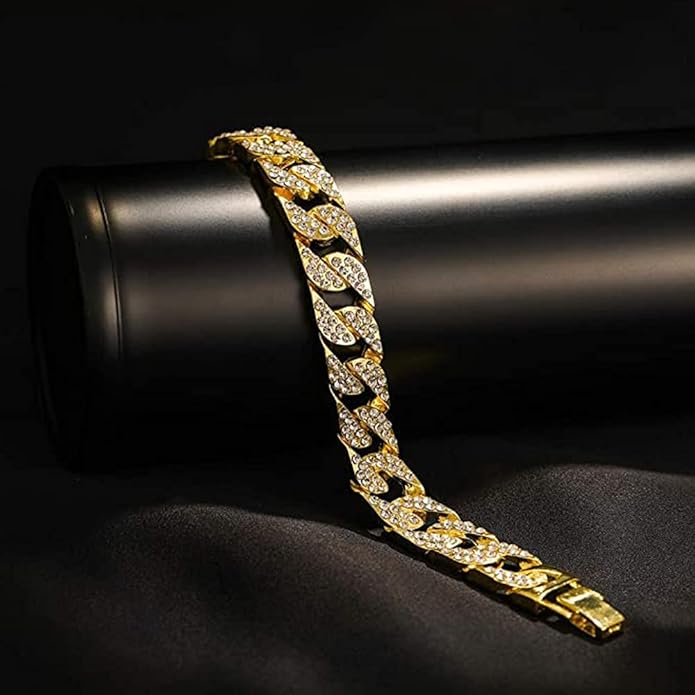 EMESLY Miami Cuban Link Chain 14K Gold Plated Necklace (16, 18, 20, 22, 24, 30 Inches Length); Hip Hop Bracelet (8" Length) for Men & Women; Perfect Iced Out Bling Jewelry Gift