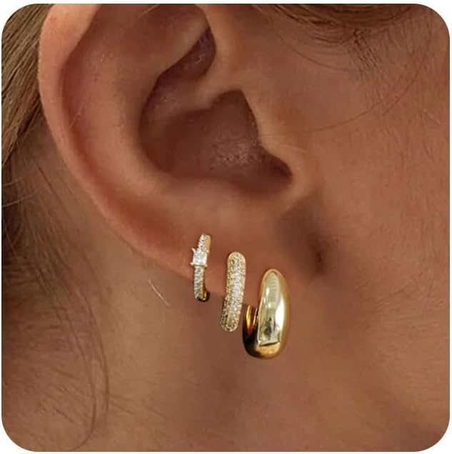 MIDEEO Gold/Sliver Chunky Hoop Earrings Set for Women, 14K Gold Plated Twisted Huggie Hoop Earring Hypoallergenic Thick Open Lightweight Chunky Hoop Earrings Jewelry for Gifts