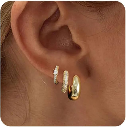 MIDEEO Gold/Sliver Chunky Hoop Earrings Set for Women, 14K Gold Plated Twisted Huggie Hoop Earring Hypoallergenic Thick Open Lightweight Chunky Hoop Earrings Jewelry for Gifts