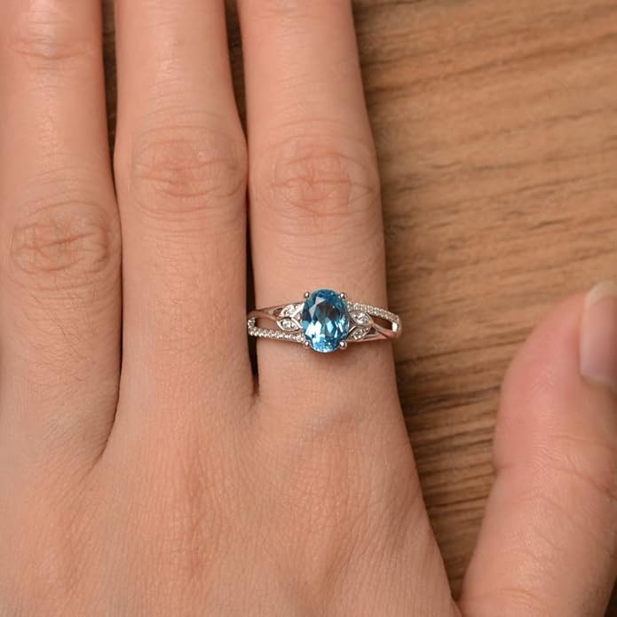 925 Sterling Silver Oval Shaped 8X6 MM Gemstone Ring Leaf Engagement Ring for Women Jewelry