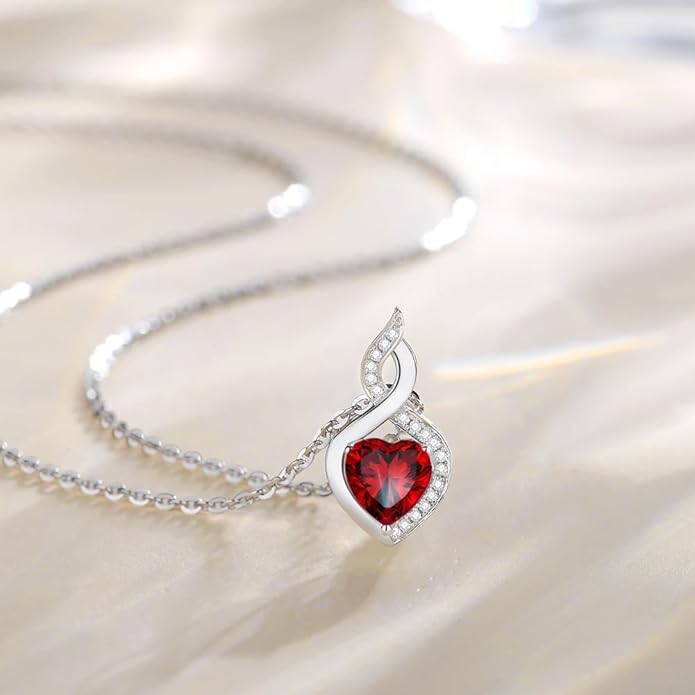 FANCIME 14K Solid White Gold Heart Birthstone Necklace with Diamond Pendent Birthday Gifts for Mom Women, Sterling Silver Chain 16" + 2" Extender