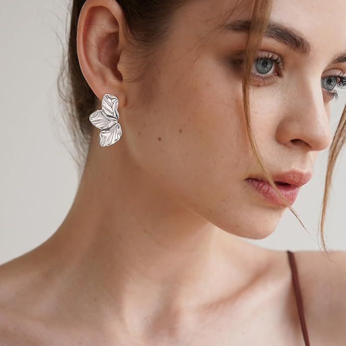 Chunky Gold Statement Earrings For Women Gold Plated Sectored Flower Leaf Shell Angel Wing Earrings Large Stud Earrings Hypoallergenic Earrings