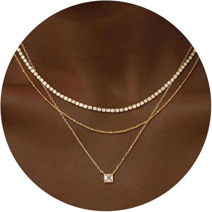 CHESKY 14K Gold Plated Layered Necklaces for Women,Dainty Gold/Silver Plated Chain Necklace CZ Pendant Necklace Adjustable Layering Choker Necklace jewelry Gifts
