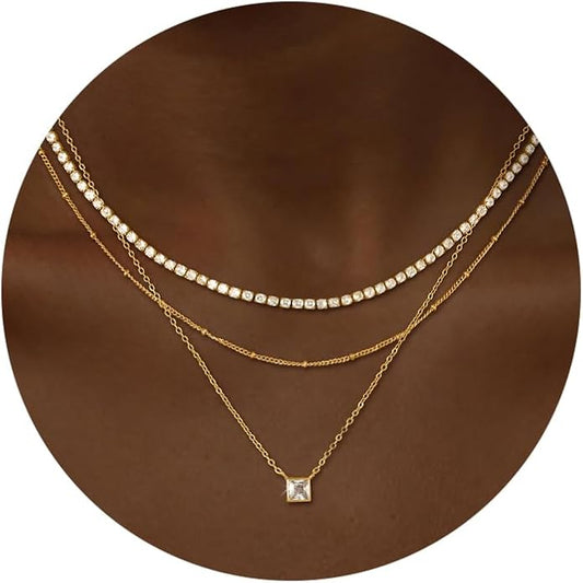 CHESKY 14K Gold Plated Layered Necklaces for Women,Dainty Gold/Silver Plated Chain Necklace CZ Pendant Necklace Adjustable Layering Choker Necklace jewelry Gifts