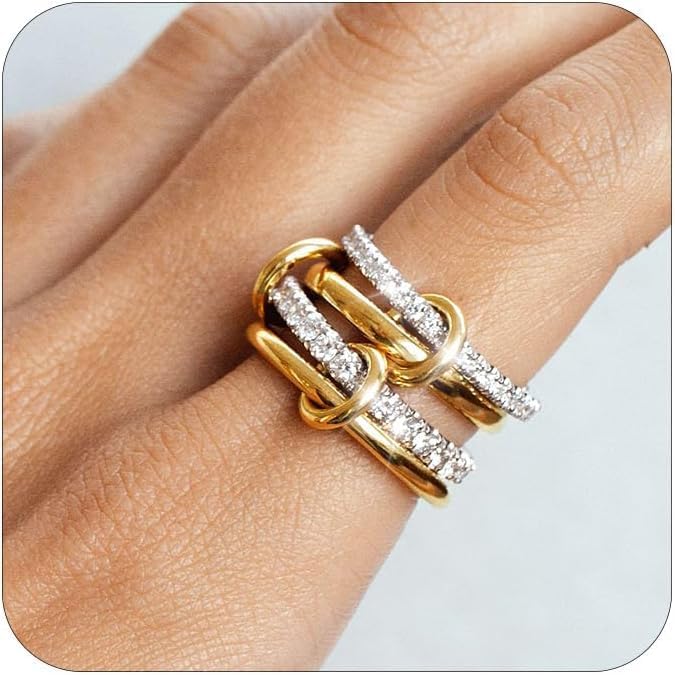 Gznzfjf 14K Gold Plated Stackable Interlocking Ring Set | Anti-Allergy Mixed Metal Multi-Ring Declaration Jewelry Women's Festival Gift, Mother's Day/Birthday/Engagement Jewelry