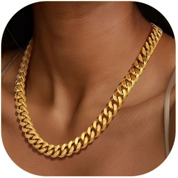 ChainsPro Chunky Cuban Link Chain Necklace for Women,Stainless Steel Silver/Gold Plated Thick Choker, 5/12/14mm Width,18" and 20" Punk Hip Hop Trendy Jewelry Gifts