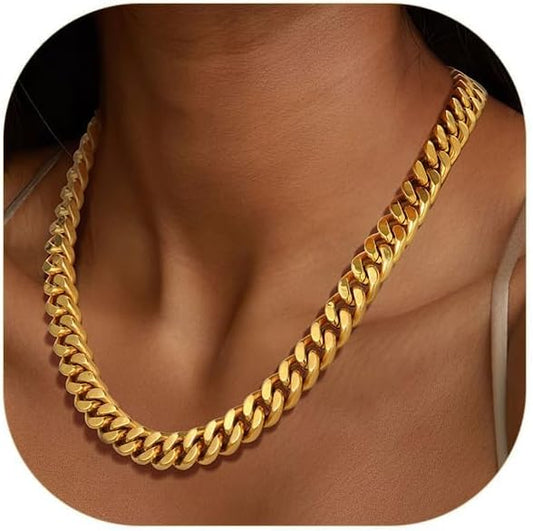 ChainsPro Chunky Cuban Link Chain Necklace for Women,Stainless Steel Silver/Gold Plated Thick Choker, 5/12/14mm Width,18" and 20" Punk Hip Hop Trendy Jewelry Gifts